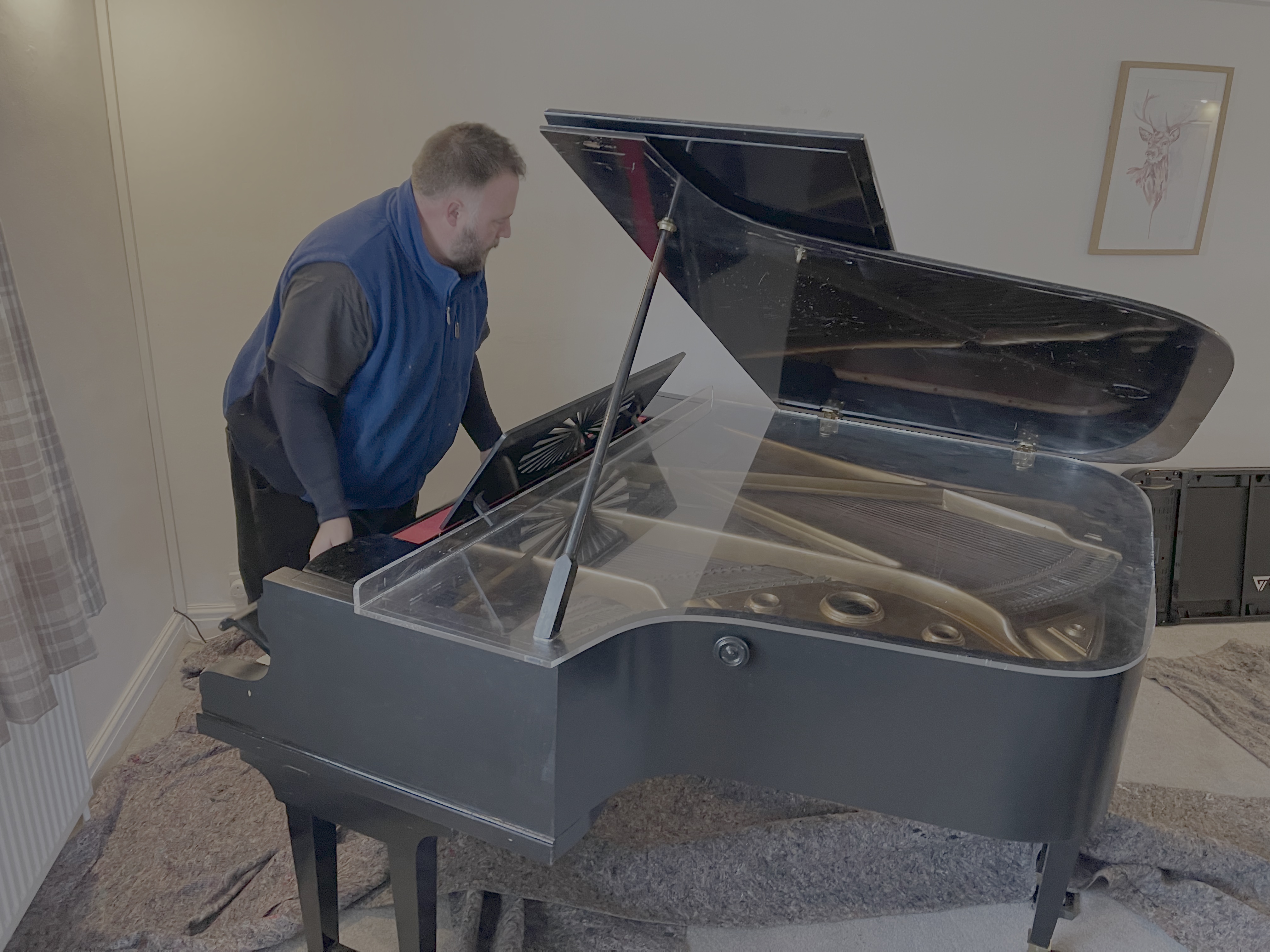 Bellwoods piano mover setting up a grand piano with a clear perspex insert over the strings at its new home near Mirfield