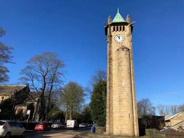 Lindley clock tower and village centre north-west of Huddersfield